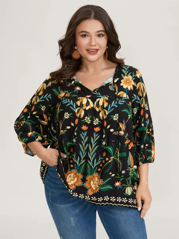 Rayon Boho Floral Neck Tie Blouse sold by Bloomchic