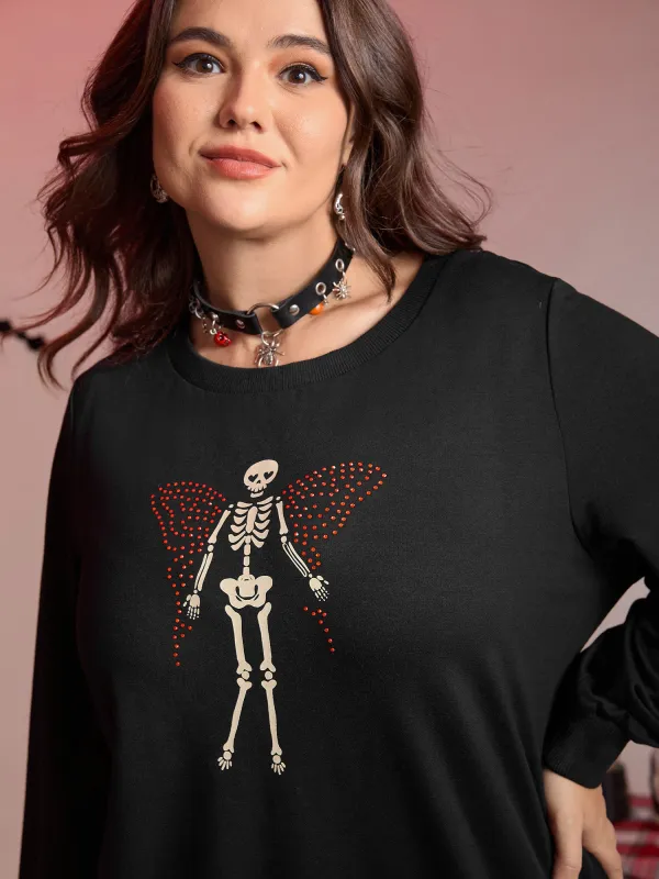 Rhinestone Skeleton Motif Solid Sweatshirt sold by Bloomchic