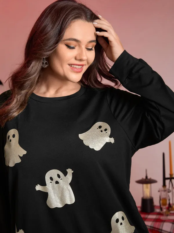 Spooky Ghost Print Solid Sweatshirt sold by Bloomchic