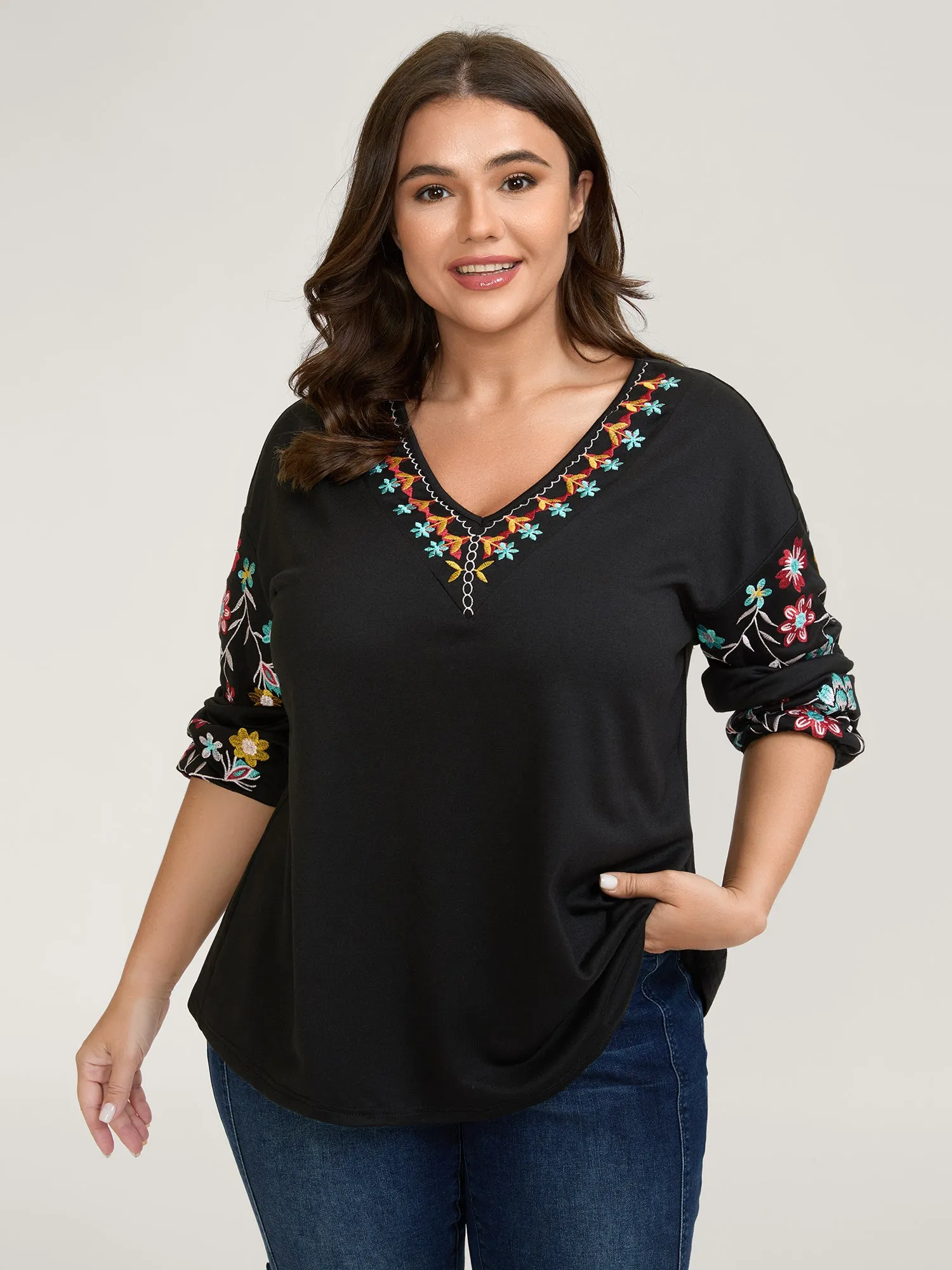 Floral Embroidery Mesh V-Neck Sweatshirt sold by Bloomchic product image thumbnail 2