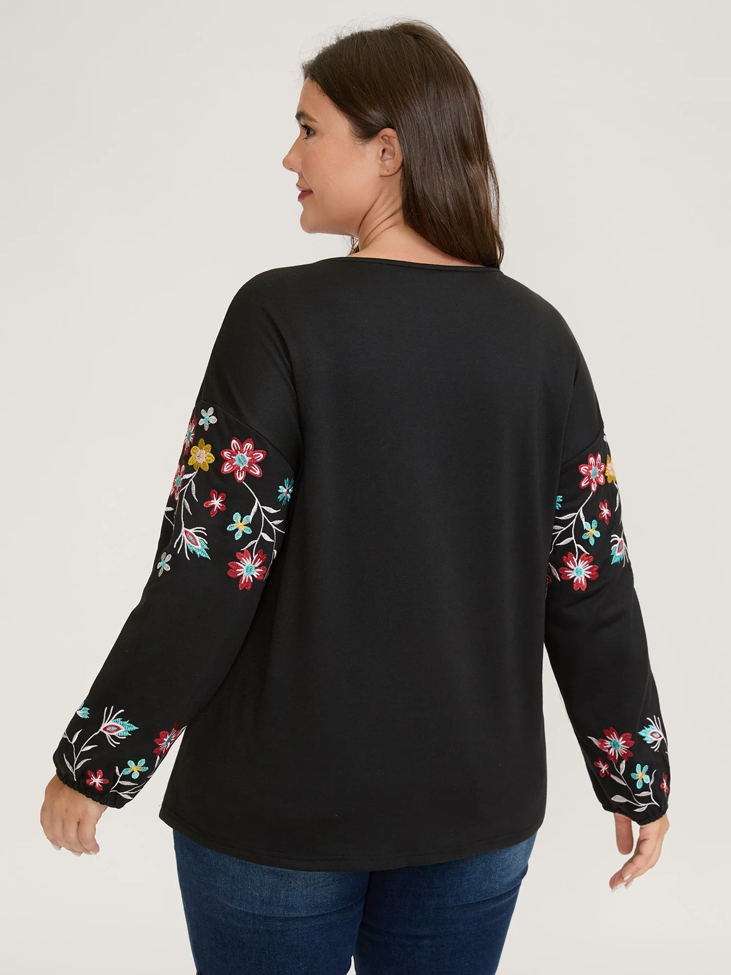Floral Embroidery Mesh V-Neck Sweatshirt sold by Bloomchic product image thumbnail 4