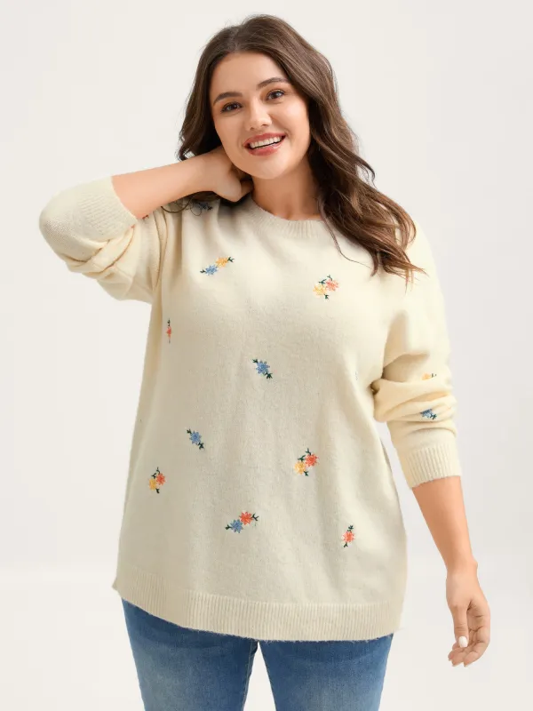 Micro Floral Embroidery Ribbed Hem Pullover sold by Bloomchic