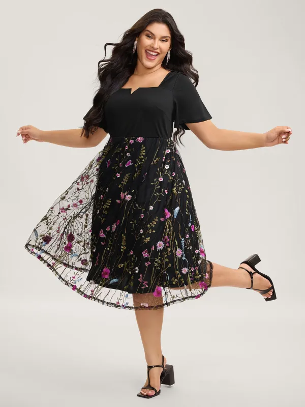 Floral Lined Contrast Square Neck Midi Dress sold by Bloomchic