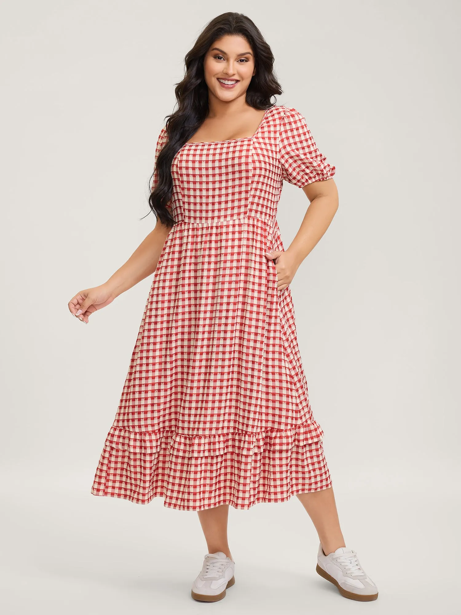 Gingham Print Textured Ruffled Hem Midi Dress sold by Bloomchic
