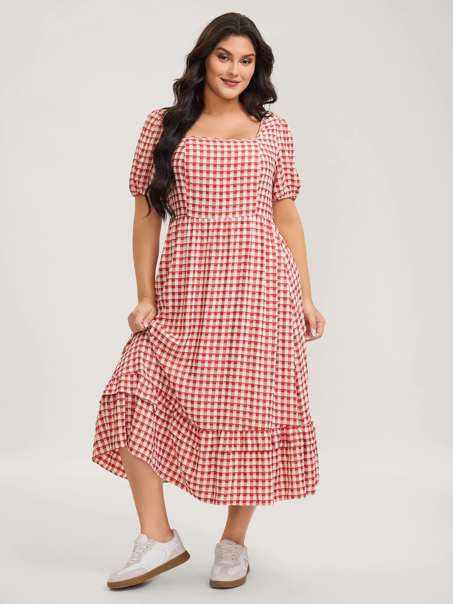 Gingham Print Textured Ruffled Hem Midi Dress sold by Bloomchic product image thumbnail 3