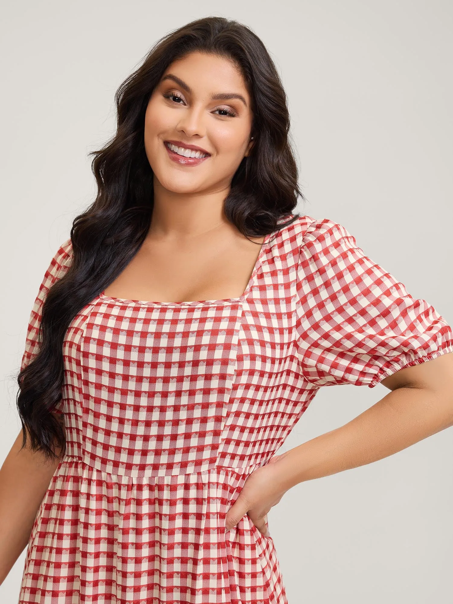 Gingham Print Textured Ruffled Hem Midi Dress sold by Bloomchic product image thumbnail 2