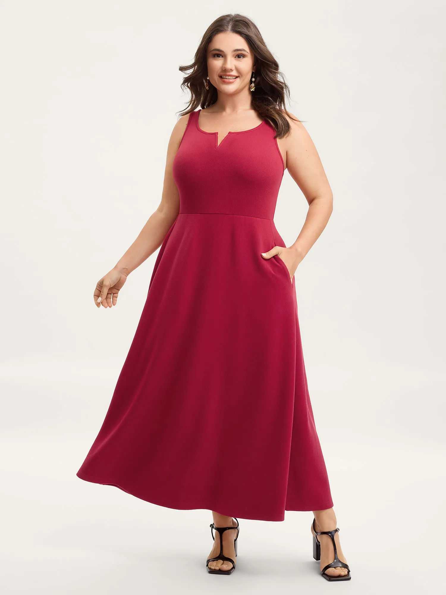 Split Neck Cinched-Waist Flared Maxi Dress sold by Bloomchic product image thumbnail 3