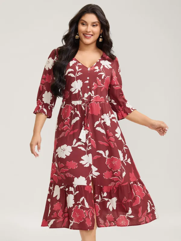 Silhouette Floral Print Waist-Drawstring Midi Dress sold by Bloomchic
