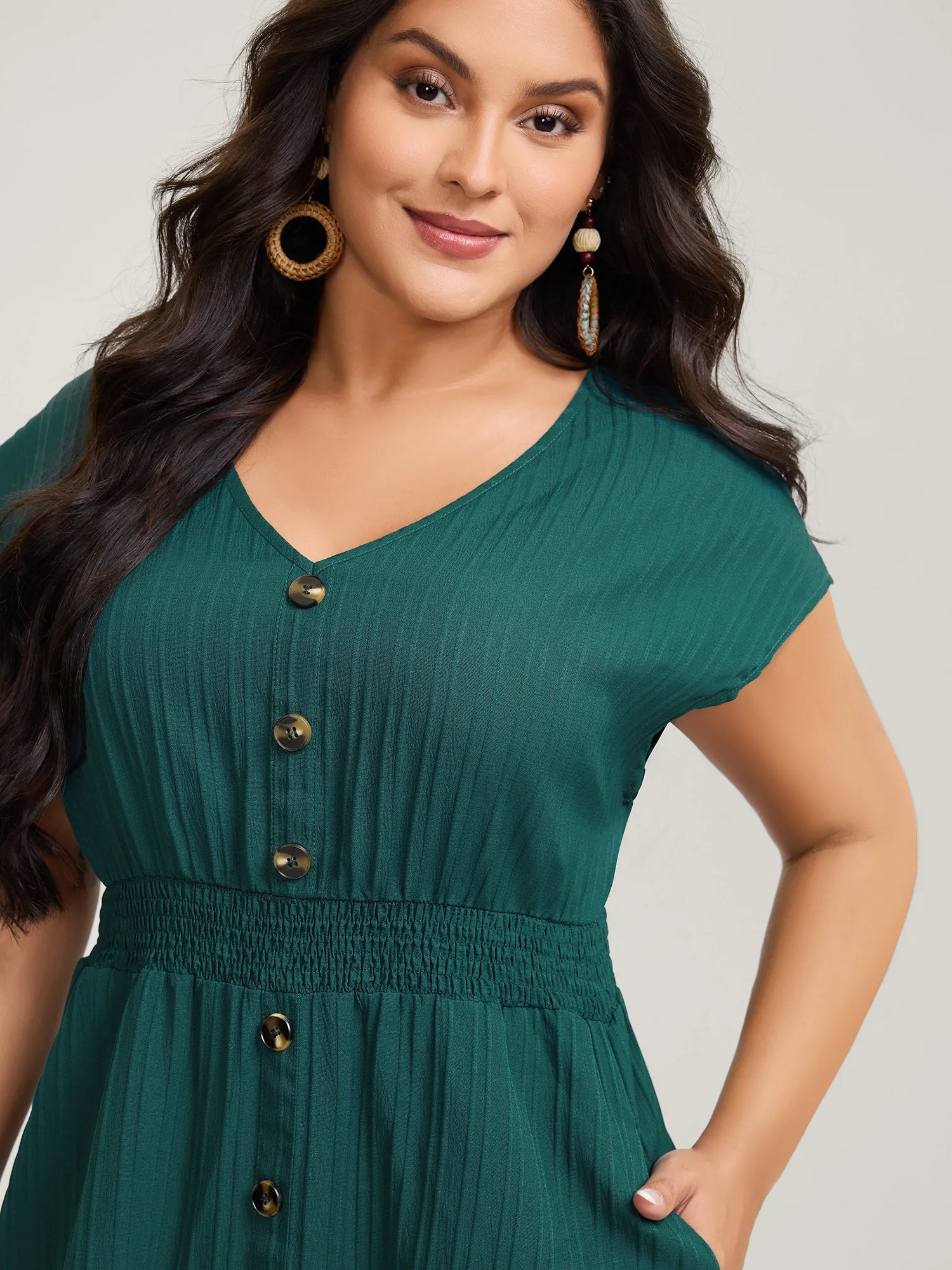 Textured Shirred Waist Button Midi Dress sold by Bloomchic product image thumbnail 2