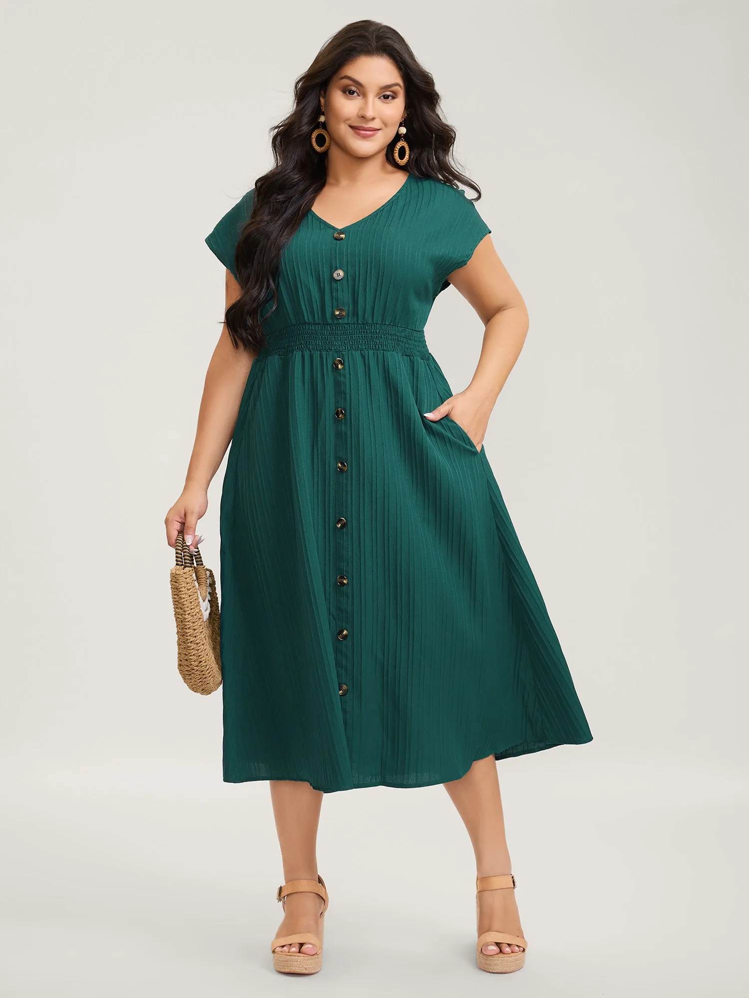 Textured Shirred Waist Button Midi Dress sold by Bloomchic product image thumbnail 3