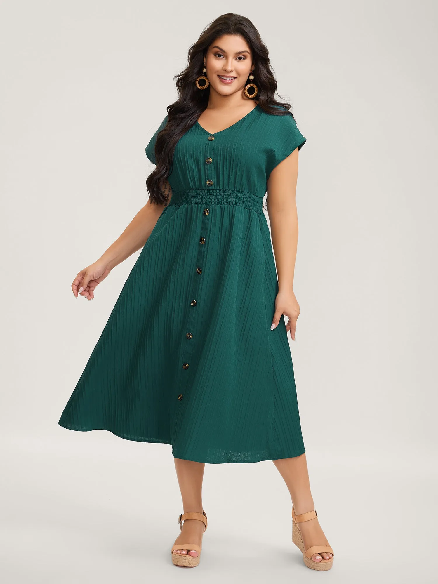 Textured Shirred Waist Button Midi Dress sold by Bloomchic