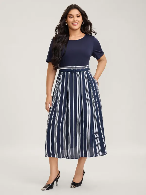 Striped Contrast Print Waist-Cinched Midi Dress sold by Bloomchic