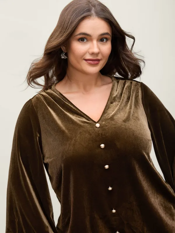 Velvet Metallic Button Drapey Blouse sold by Bloomchic