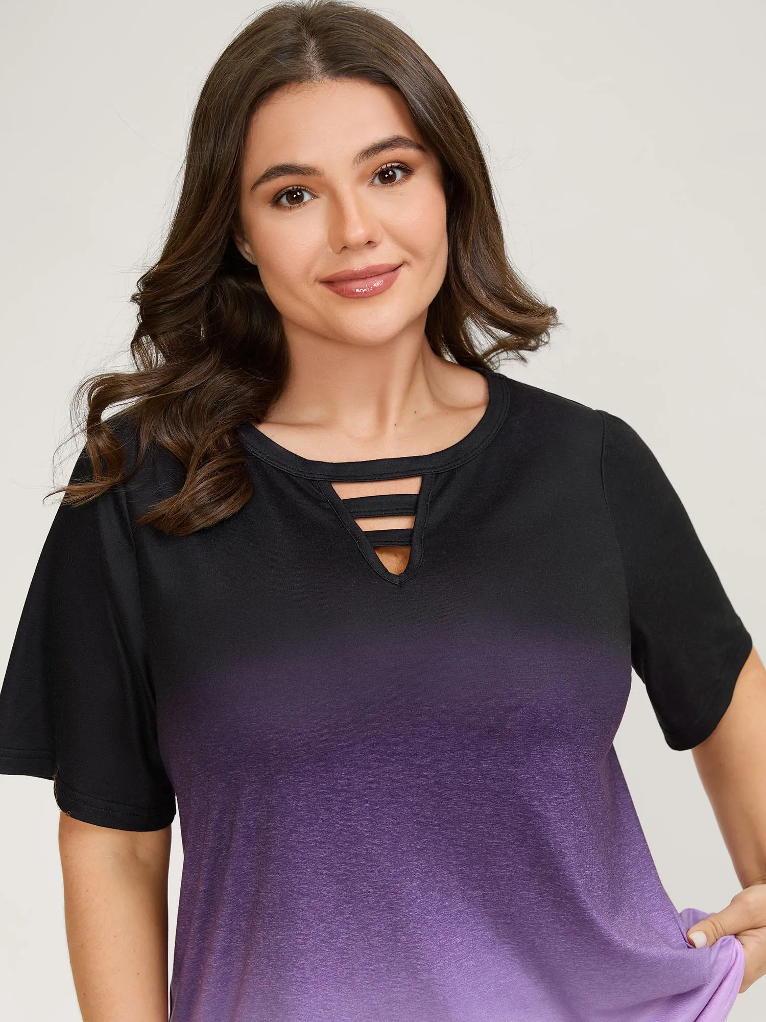 Tie-Dye Blend Neck Cut-Out T-Shirt sold by Bloomchic