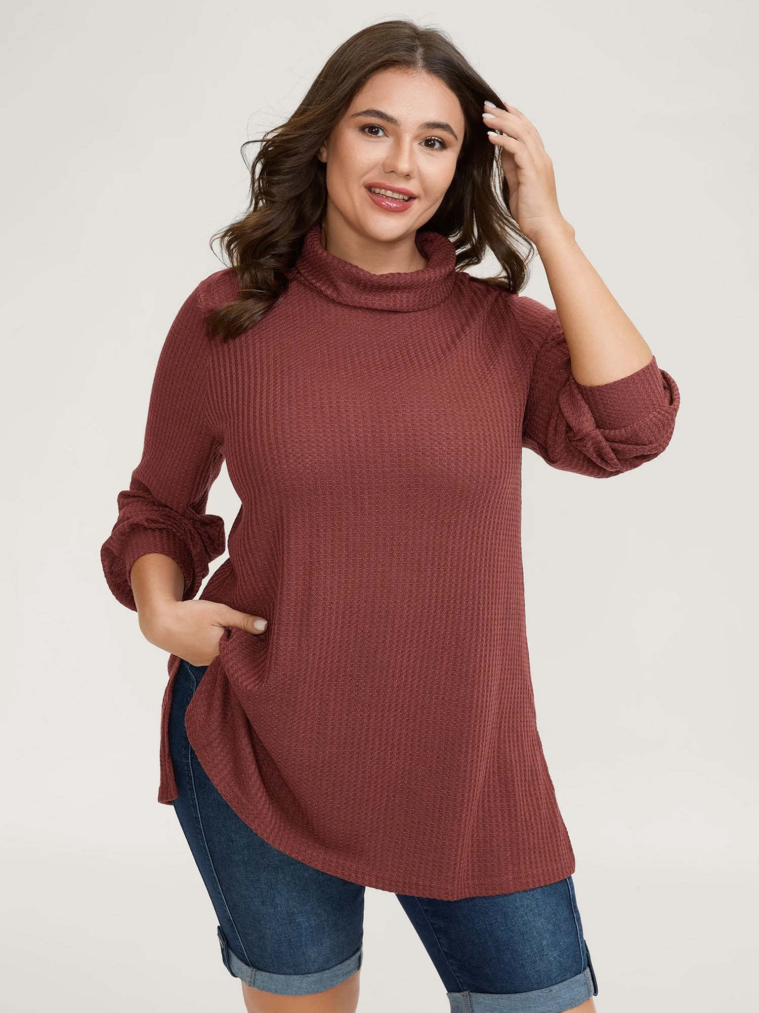 Ribbed Stretchy Turtle Neck T-Shirt sold by Bloomchic