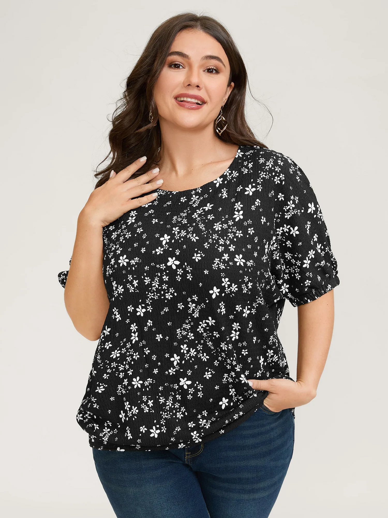 Floral Print Textured Puffy Sleeve Blouse sold by Bloomchic