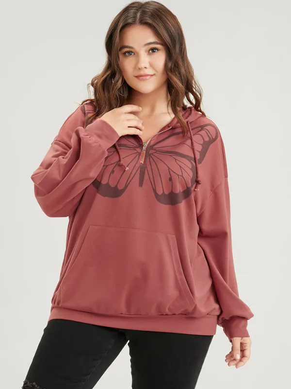 Butterfly Print Half Zipper Drawstring Hooded  Sweatshirt sold by Bloomchic