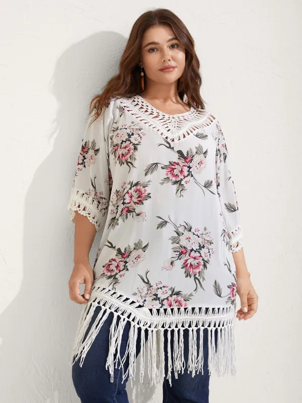 Floral Print Crochet Fringe Hem Swim Cover-Up sold by Bloomchic