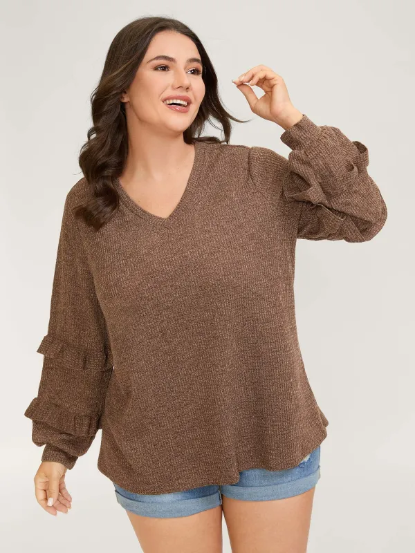 Waffle Ruffled Puffy Sleeve V-Neck Sweatshirt sold by Bloomchic