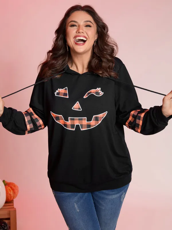 Pumpkin Plaid Print Solid Hoodie sold by Bloomchic