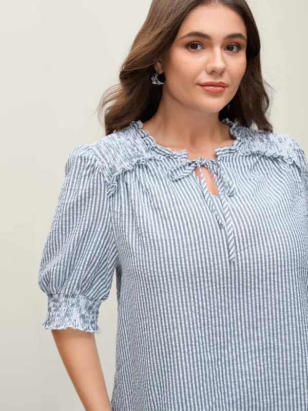 Striped Print Neck-Tie Shirred Blouse sold by Bloomchic