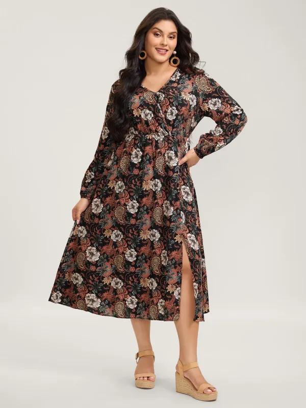 Fall Floral Print Surplice Neck Midi Dress sold by Bloomchic