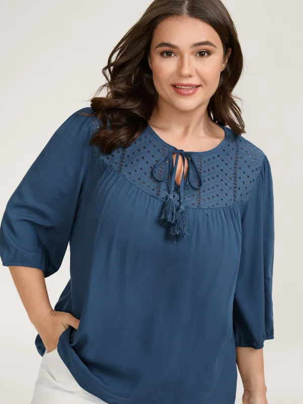 Rayon Eyelet Trim Neck-Tie Blouse sold by Bloomchic