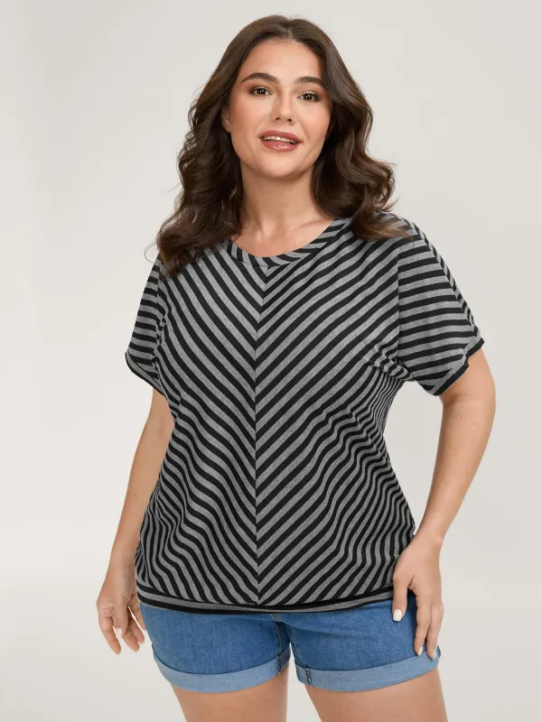 Striped Print Round Neck T-Shirt sold by Bloomchic
