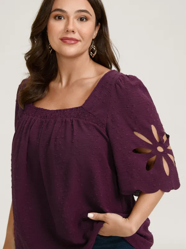 Textured Pleated Neckline Laser Cut Blouse sold by Bloomchic