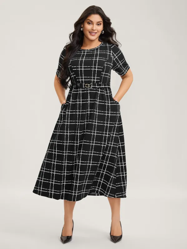 Grid Print Knit Belted Maxi Dress sold by Bloomchic