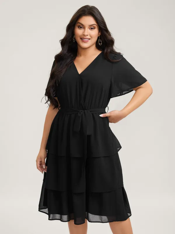 Sheer Chiffon Layered Skirt Belted Midi Dress sold by Bloomchic