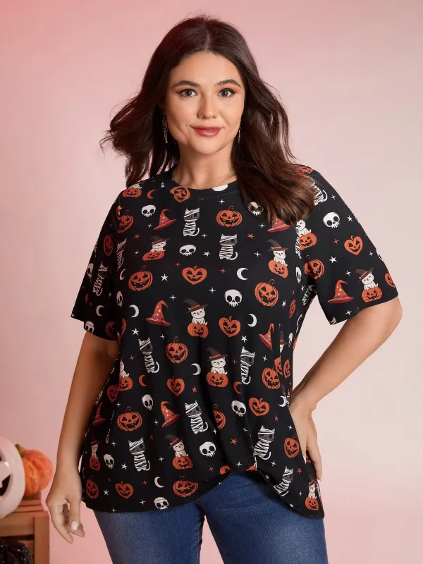 Pumpkin Everywhere Print Overlap Hem T-Shirt sold by Bloomchic