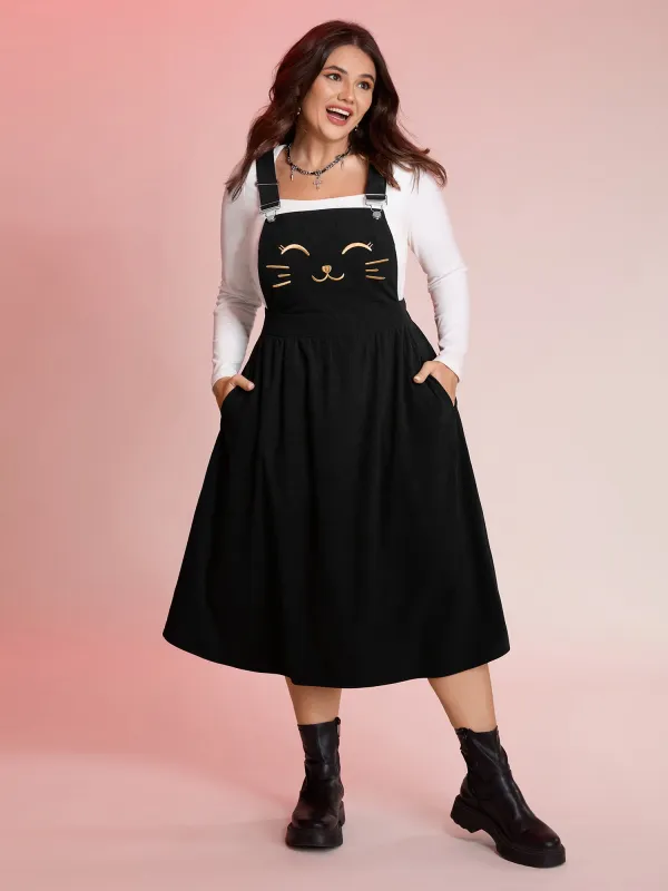 Happy Cat Embroidery Overall Straps Midi Dress sold by Bloomchic