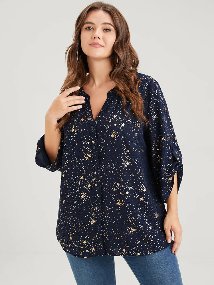 Star Button Front Cuffed Sleeve Asymmetrical Hem Blouse sold by Bloomchic product image thumbnail 3
