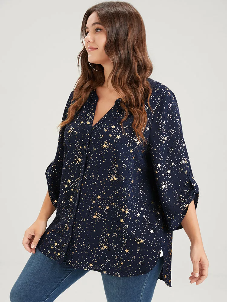 Star Button Front Cuffed Sleeve Asymmetrical Hem Blouse sold by Bloomchic product image thumbnail 4