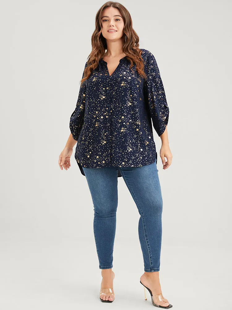 Star Button Front Cuffed Sleeve Asymmetrical Hem Blouse sold by Bloomchic product image thumbnail 2