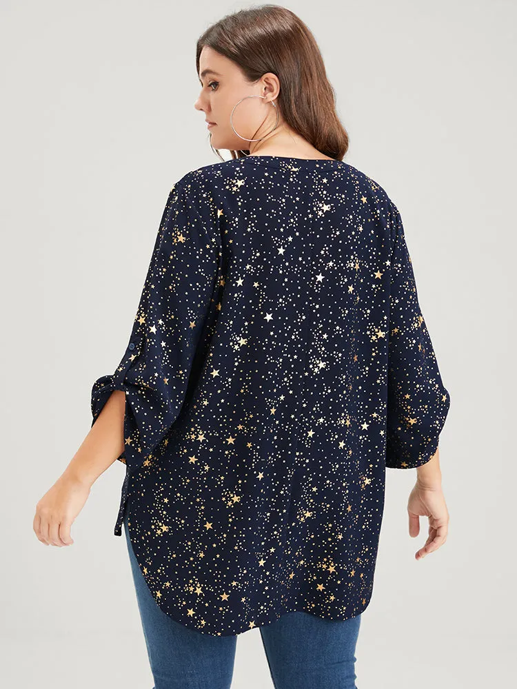 Star Button Front Cuffed Sleeve Asymmetrical Hem Blouse sold by Bloomchic product image thumbnail 5