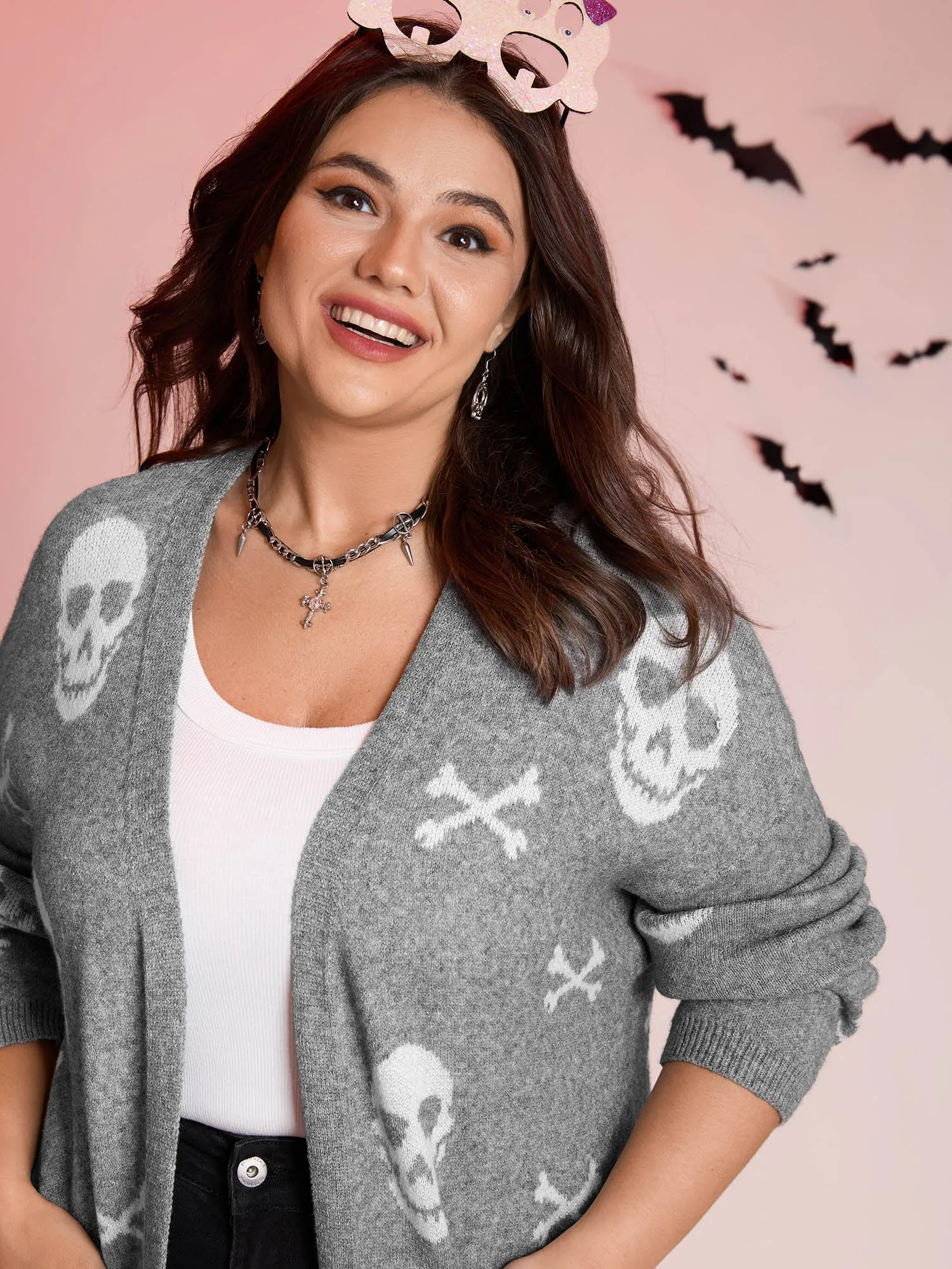Supersoft Skull Pattern Open-Front Knit Cardigan sold by Bloomchic product image thumbnail 2