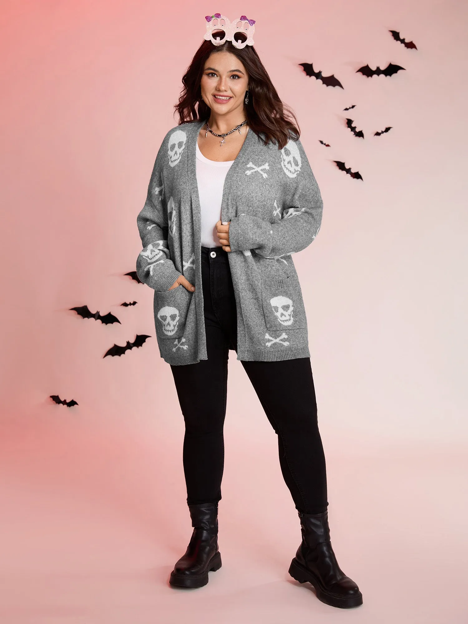 Supersoft Skull Pattern Open-Front Knit Cardigan sold by Bloomchic product image thumbnail 3