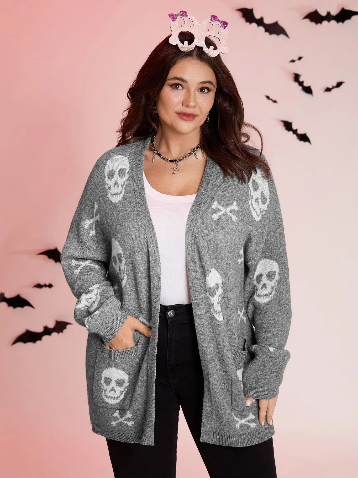 Supersoft Skull Pattern Open-Front Knit Cardigan sold by Bloomchic