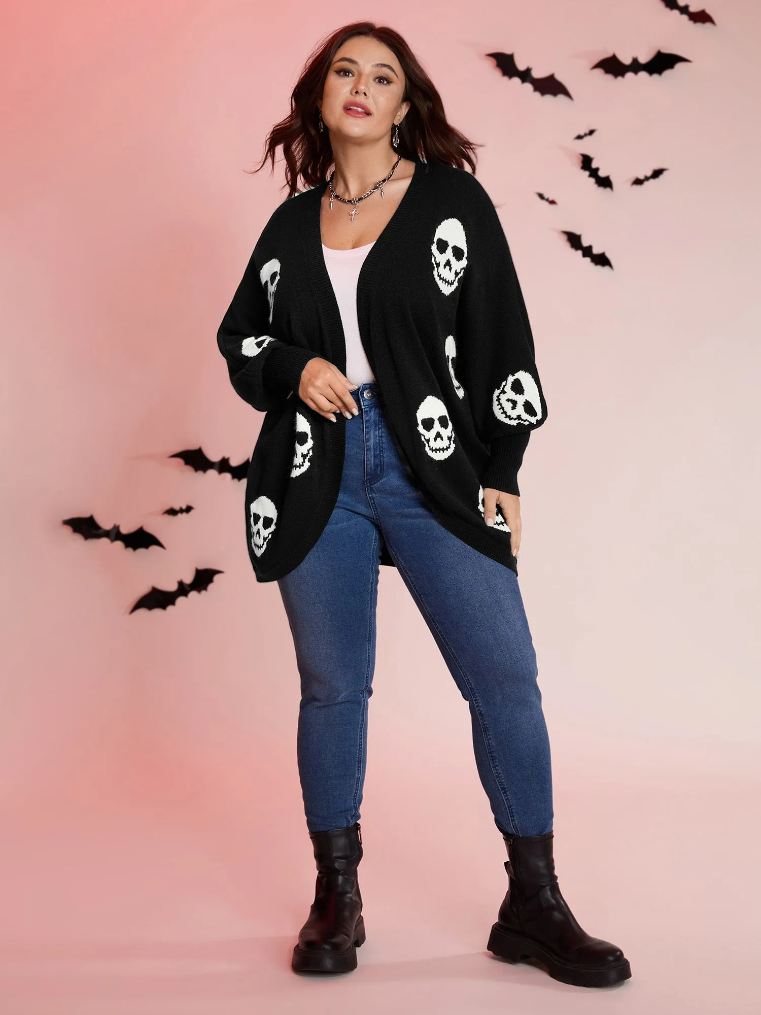 Skull Print Batwing Sleeve Knit Cardigan sold by Bloomchic product image thumbnail 3