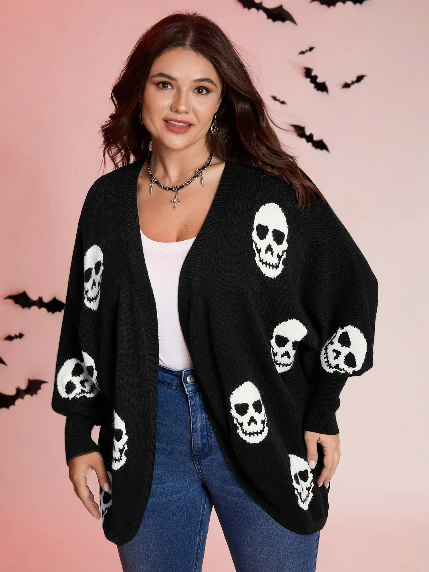 Skull Print Batwing Sleeve Knit Cardigan sold by Bloomchic