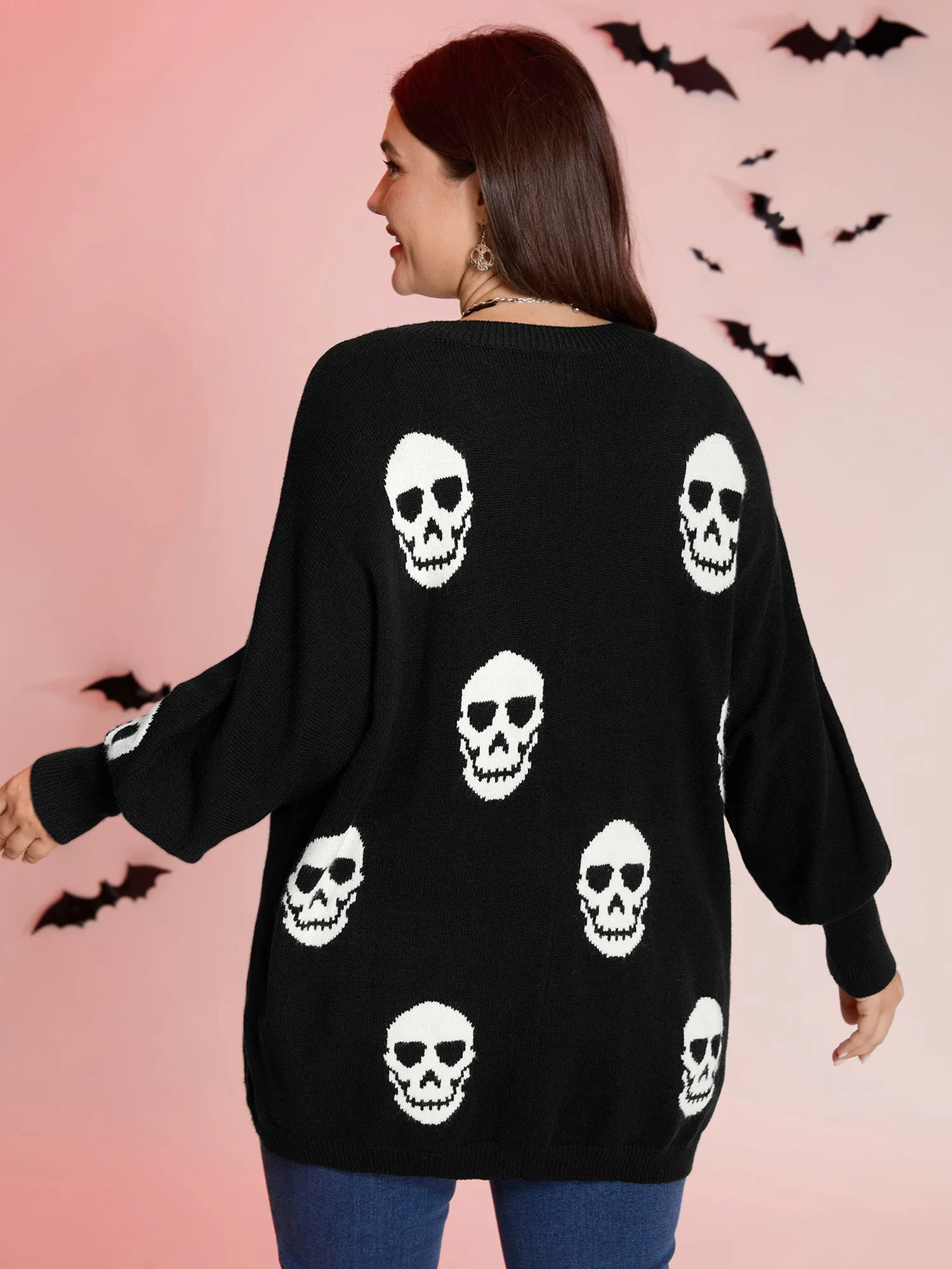 Skull Print Batwing Sleeve Knit Cardigan sold by Bloomchic product image thumbnail 5