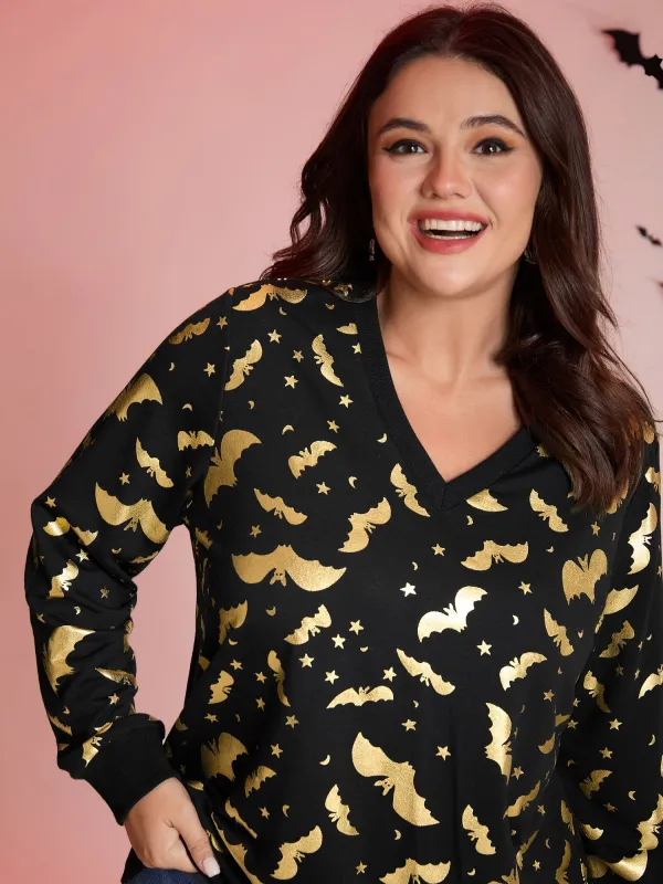 Gold Bat Print Stretchy V-Neck Sweatshirt sold by Bloomchic