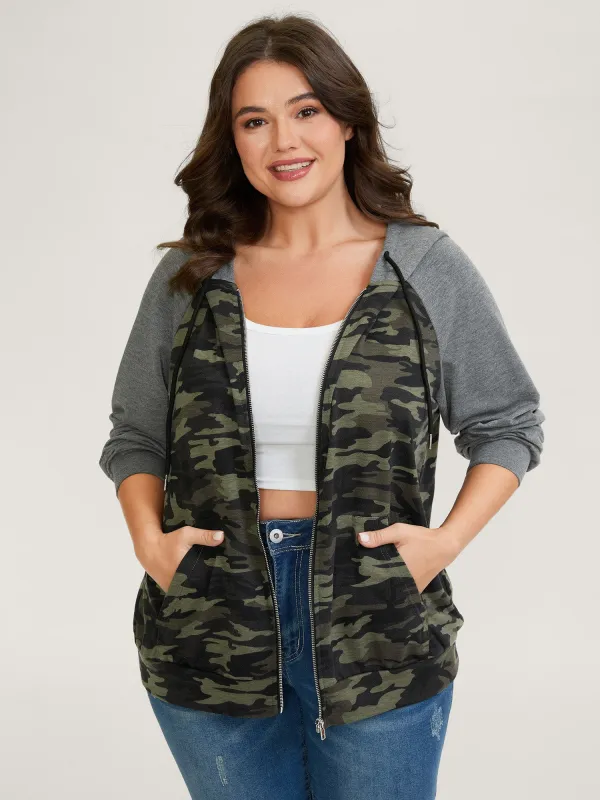 Camouflage Print Color Contrast Zipper Hoodie sold by Bloomchic
