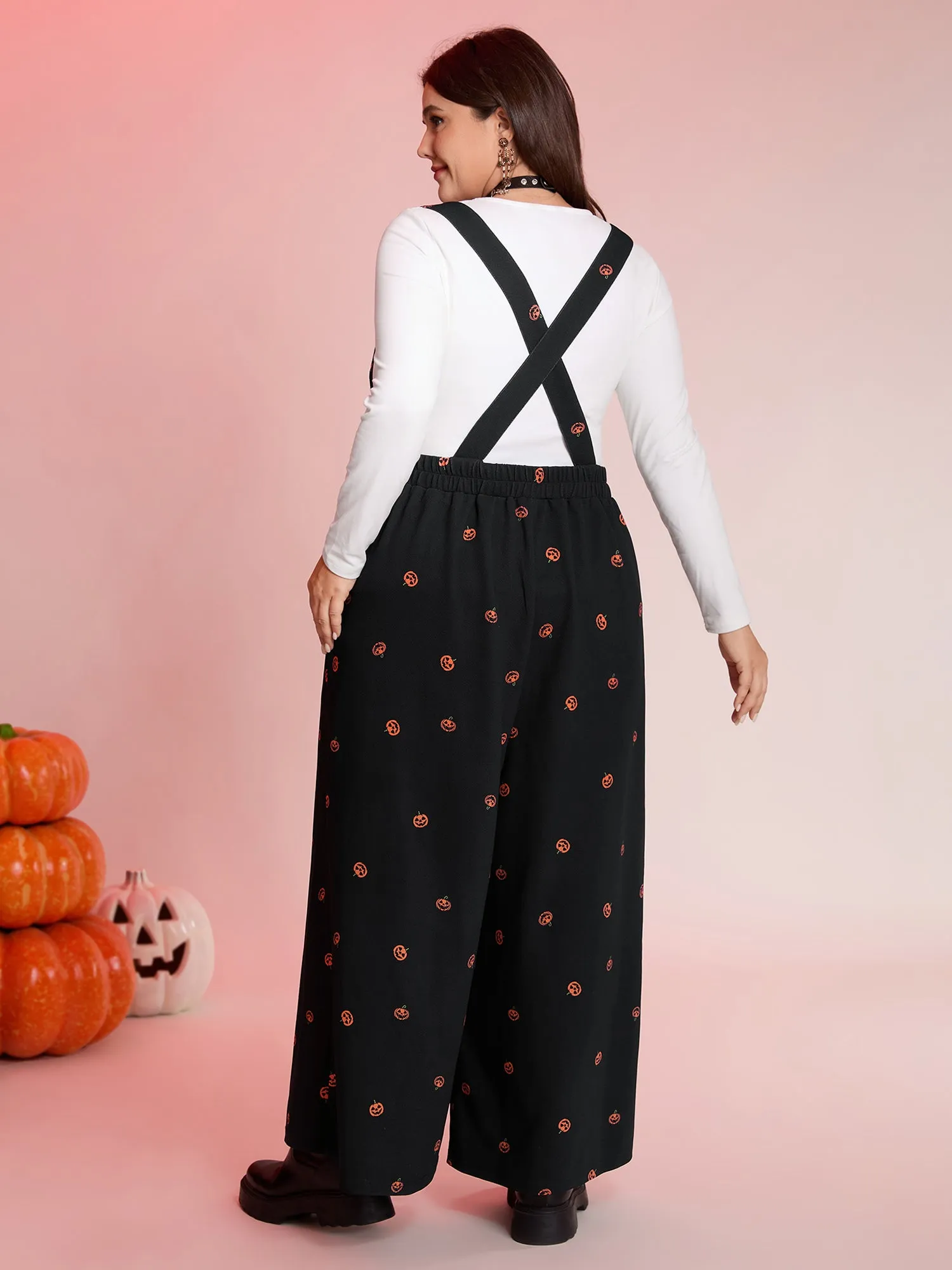 Pumpkin Print Stretchy Overall Strap Jumpsuit sold by Bloomchic product image thumbnail 4