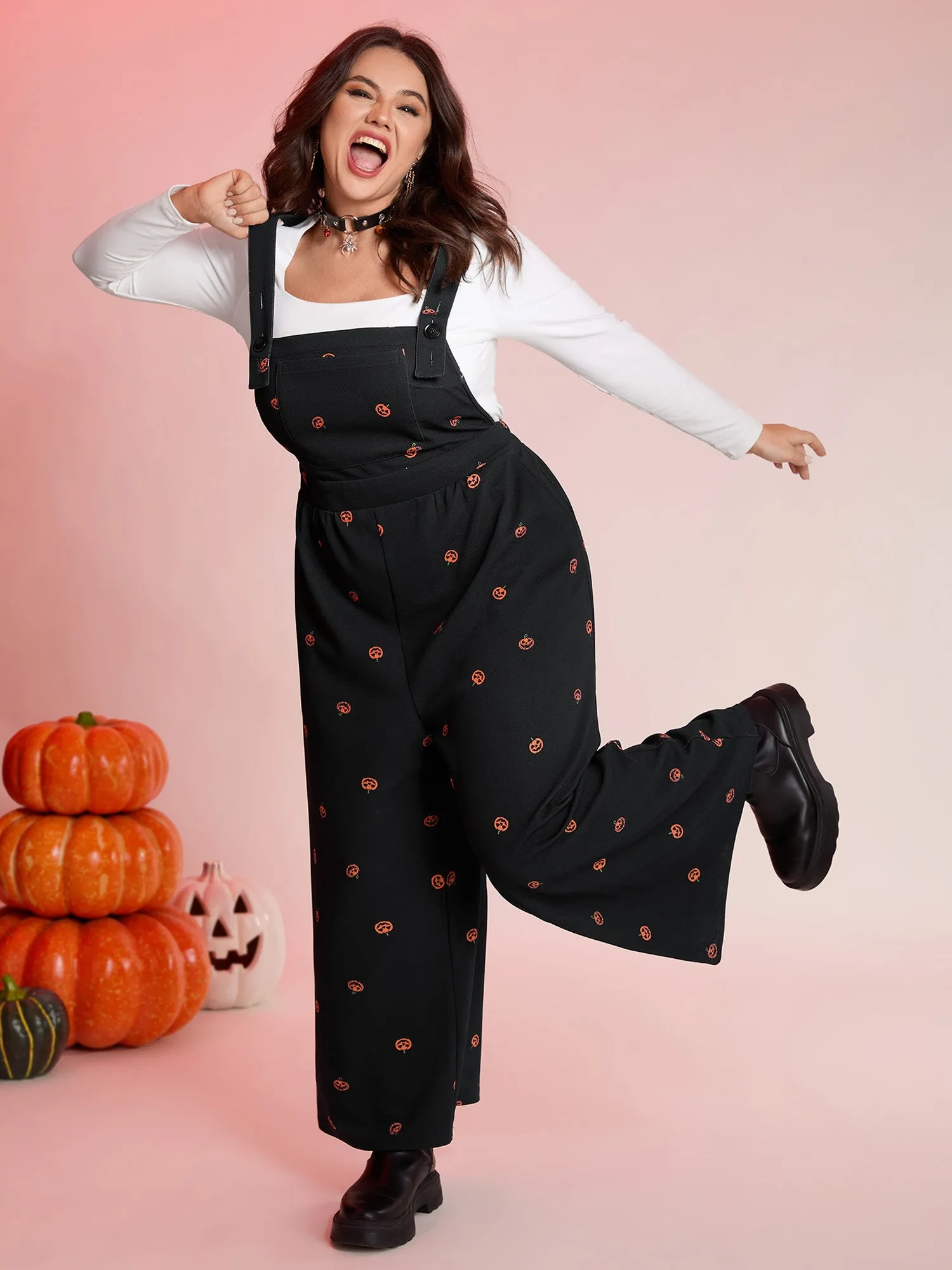 Pumpkin Print Stretchy Overall Strap Jumpsuit sold by Bloomchic