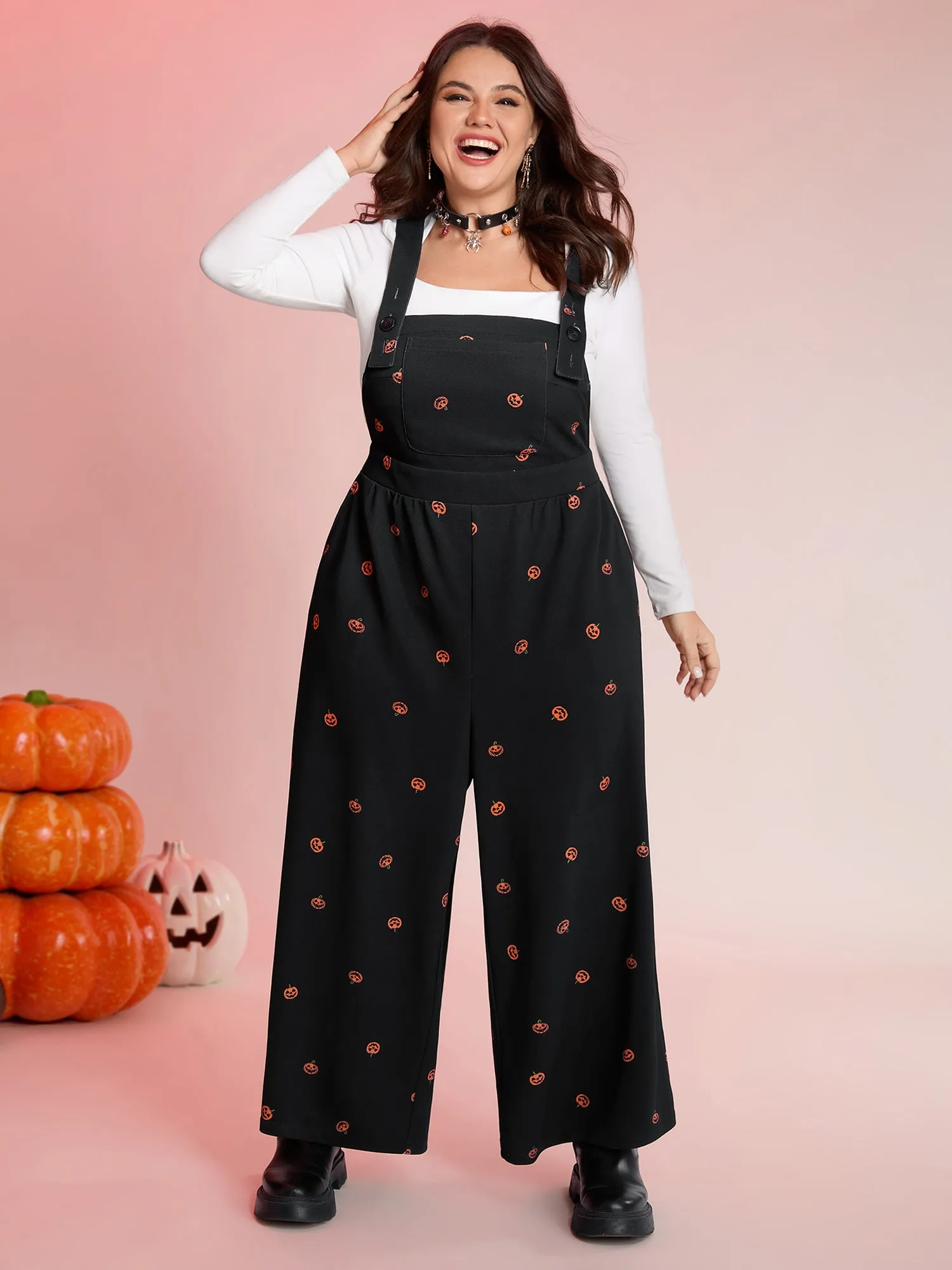 Pumpkin Print Stretchy Overall Strap Jumpsuit sold by Bloomchic product image thumbnail 3