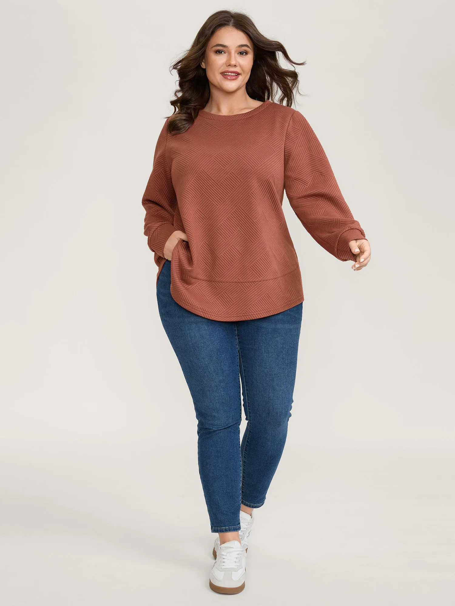 Textured Curvy Hem Round Neck Sweatshirt sold by Bloomchic product image thumbnail 3