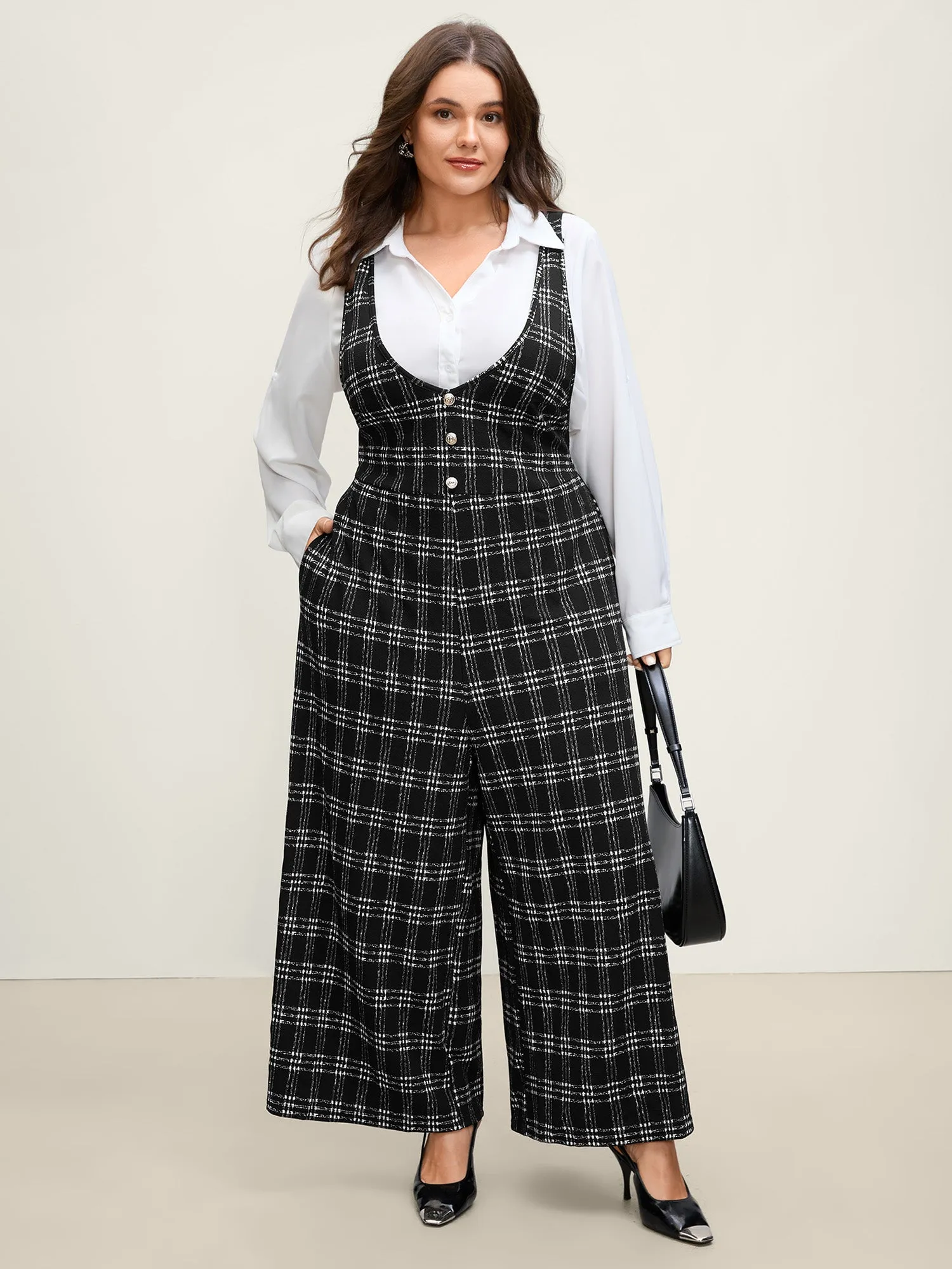 Plaid Print Overall Straps Wide-Leg Jumpsuit sold by Bloomchic